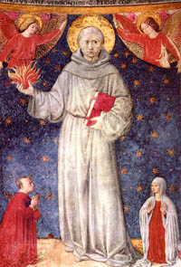 St. Anthony preparing to throw heavenly fire at the enemies of the Church