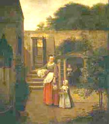 A painting of a mother and daughter in a courtyard by Pieter de Hooch
