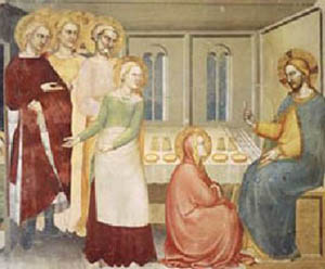 Mary, Martha, and the apostles in the House of Bethany with our Lord