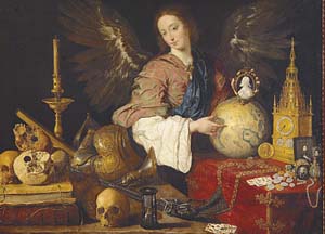 A painting of an angel holding the portrait of Emperor Charles V