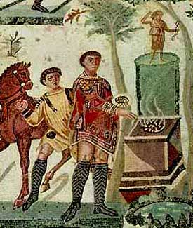 A Roman painting of Emperor Maximiam burning incense to Jupiter