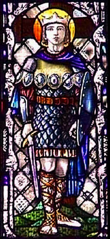 A stained glass window of St. Oswald