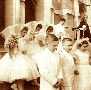 An old photograph of children preparing for First Communion