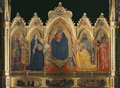 Our Lord flanked by Our Lady and various saints
