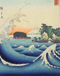A Japanese painting of waves along a coast and island