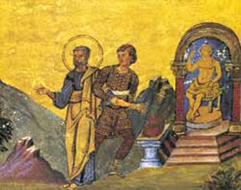 A depiction of a saint being dragged to the altar of Jupiter to burn incense