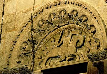 A carving of St. James Matamoros over the Compostela Cathedral entrance