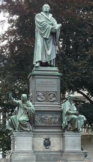 Statue of Luther in Worms with Savonarola, Waldo, Hus & Wicliff as his forerunners