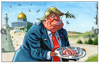 A political cartoon showing Trump killing the dove of peace in Jerusalem