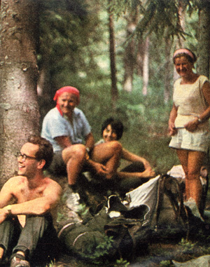 Wojtyla in the woods with women in shorts