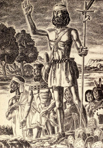 Cabez de Vaca depicted as a healer and carrying a cross amongst natives