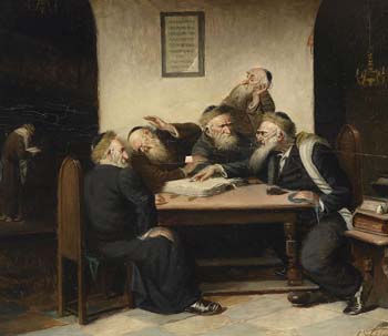 Painting that shows rabbis bickering over verses of the Talmud
