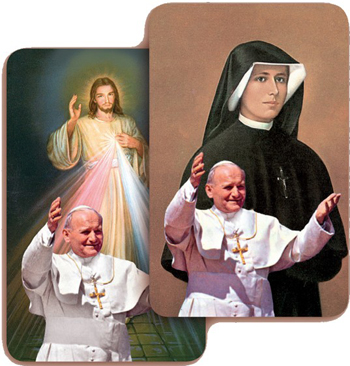 Cards for Sister Faustina and the Divine Mercy with John Paul II printed on them
