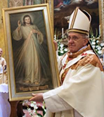 Pope Francis holding a painting of the Divine Mercy