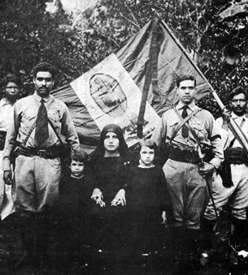 A black and white photograph of Cristeros including young soldiers and a woman