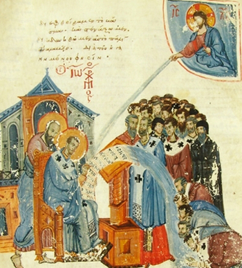 A medieval manuscript depiction of st John Chrysostom's writings helping people