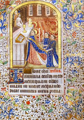 Medieval illuminated manuscript of Mass being said