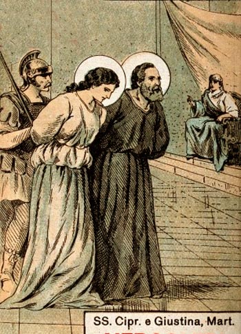 AN illustration of Sts. Justina and Cyrian being judged by Romans