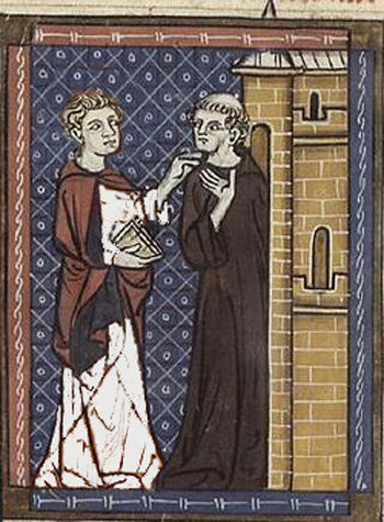 medieval illumination showing two monks conversing