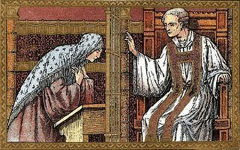Painting of a woman receiving Absolution from a priest