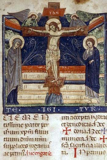 Illuminated manuscript depicting the 'T' of the te igiitur as a cross with Christ