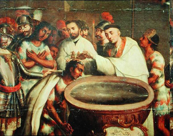 A painting of a priest baptizing indians