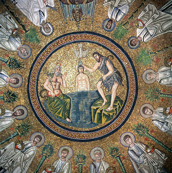 An ancient mozaic depicting the baptism of Christ