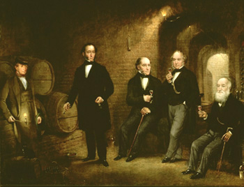 A painting of gentlemen sampling different wines in a wine cellar