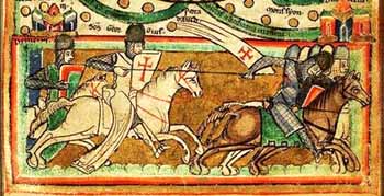 A medieval painting of Templars chasing Muslim warriors