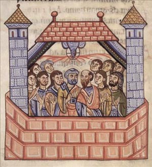 A medieval depiction of the apostles within the walls of the Church