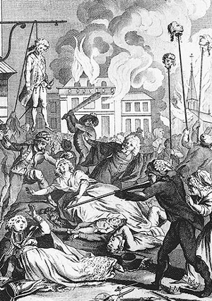 A print depicting French Revolutionaries murdering priests, women, and children