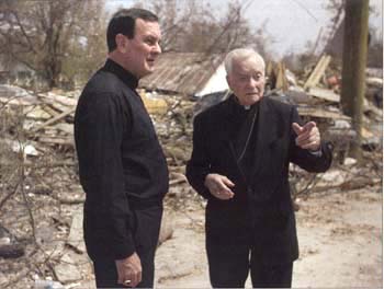 New Orleans Archbishop Emetirut Philip Hannan inspecting Katrina damages